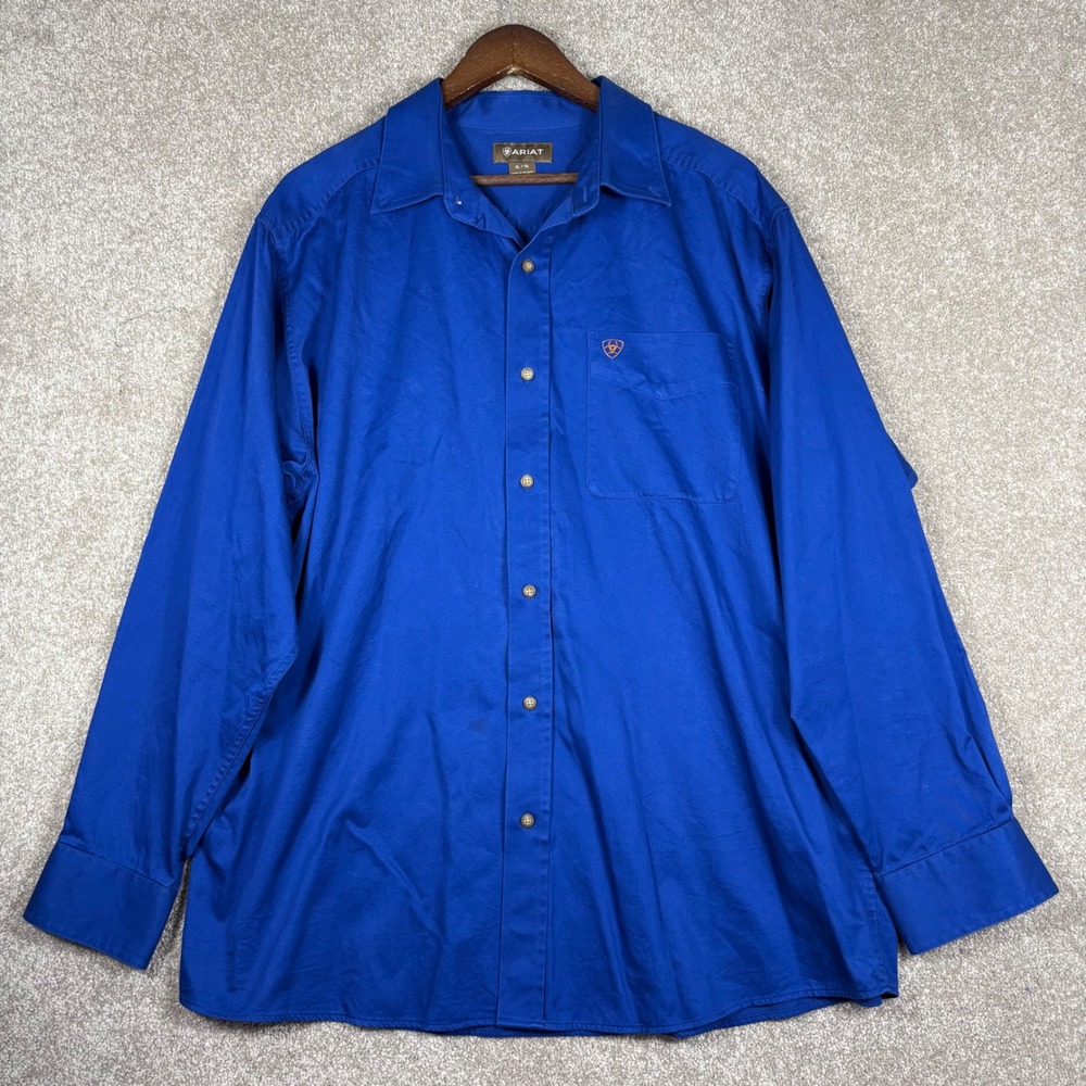 Ariat Mens XL Royal Blue Long Sleeve Button Down Western Work Shirt Logo